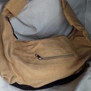 New Burlap and Black Leather Hobo Bag